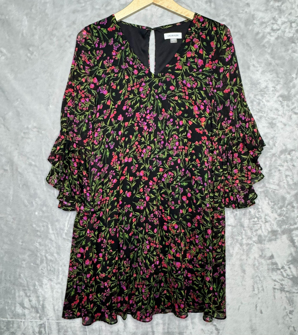 Calvin Klein Dress Womens 6 Black Ditsy Floral 3/4 Ruffle Sleeve Lined Shift